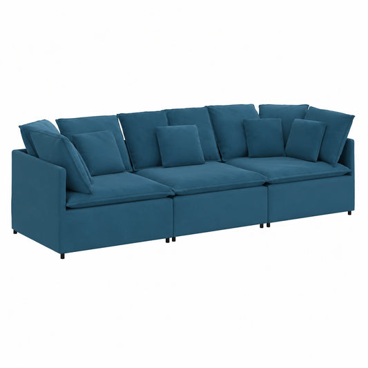 Divano Componibile Moderno in Velluto Blu con Cuscini, 300 x 100 x 64 cm