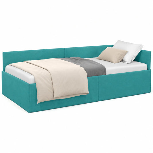 Letto Angolare Imbottito in Velluto con Testiera, Turchese, 90x190 cm, Salvaspazio con Rete a Doghe