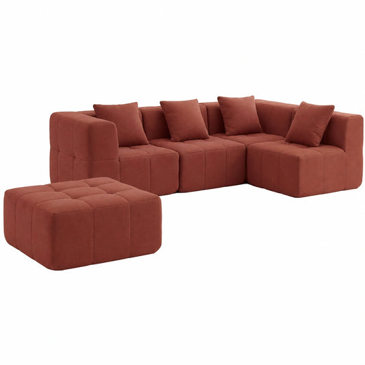 Divano angolare modulare 4 posti in tessuto bouclé con penisola e fodere rimovibili color terracotta