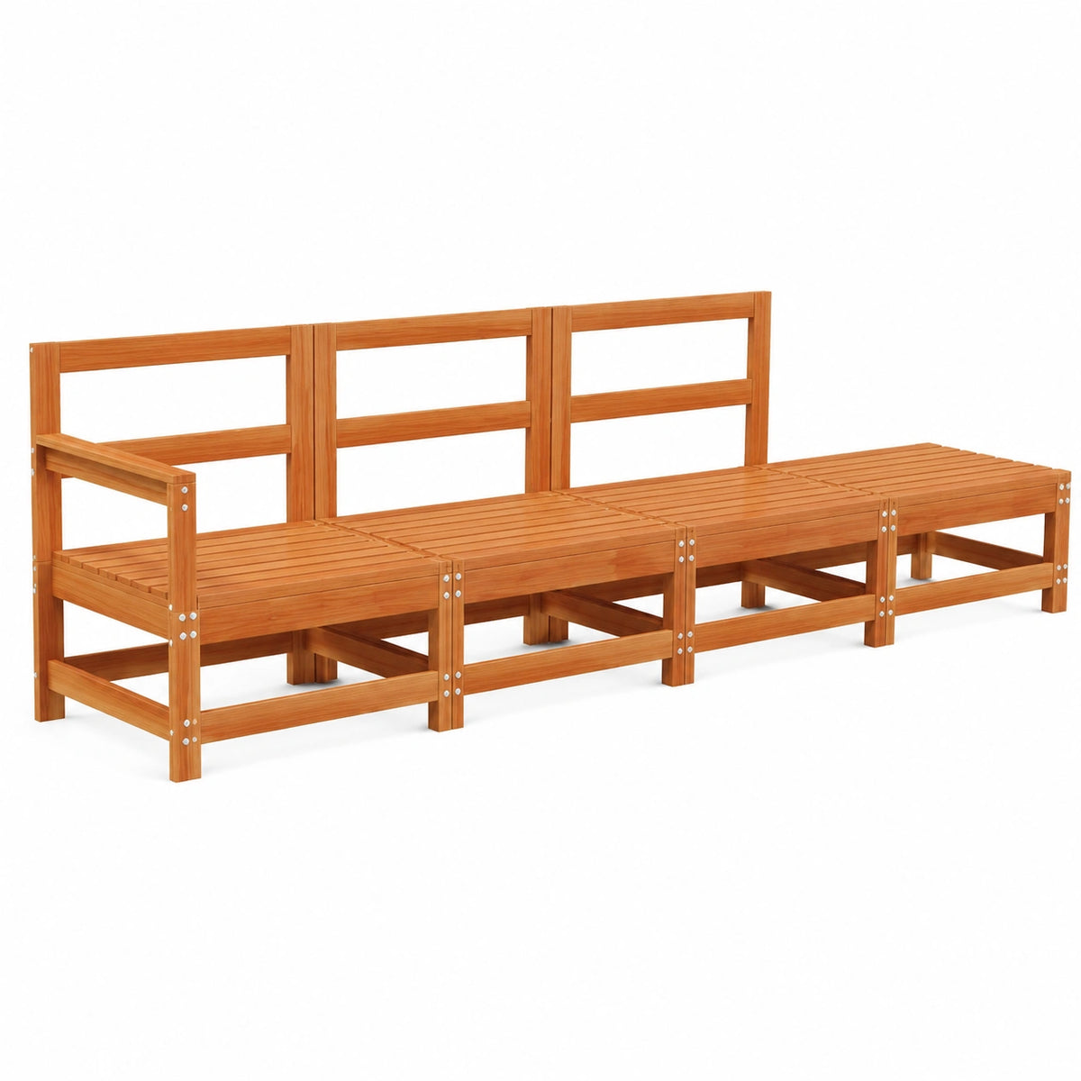 Divano modulare per esterni in legno massiccio di pino, marrone, 252x62x70,5 cm, design moderno per giardino e terrazza